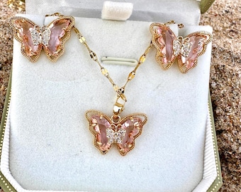 Pink Butterfly Jewelry Set | Gold Crystal Necklace and Earrings | Cottagecore Gift