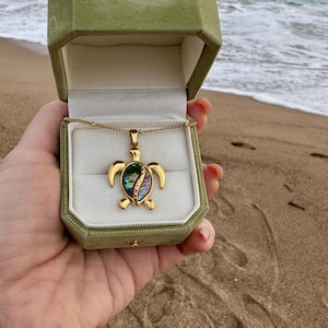 Gouden zeeschildpadketting: ingelegde abaloneschelp, kustsieraden