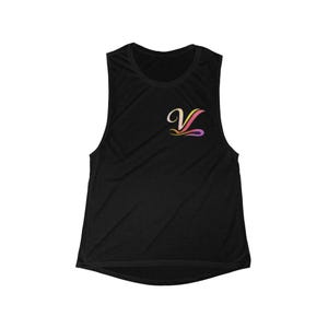 May include: Black sleeveless athletic shirt with a colorful logo on the upper left chest. The logo is a stylized letter "V" in shades of yellow, pink, and purple. The shirt has a scoop neck and a racerback design.