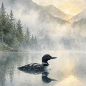 Adirondack Loon at Dawn | Wildlife Watercolor Art | Printable Wall Art | Lake Bird Print | Instant Download image 2
