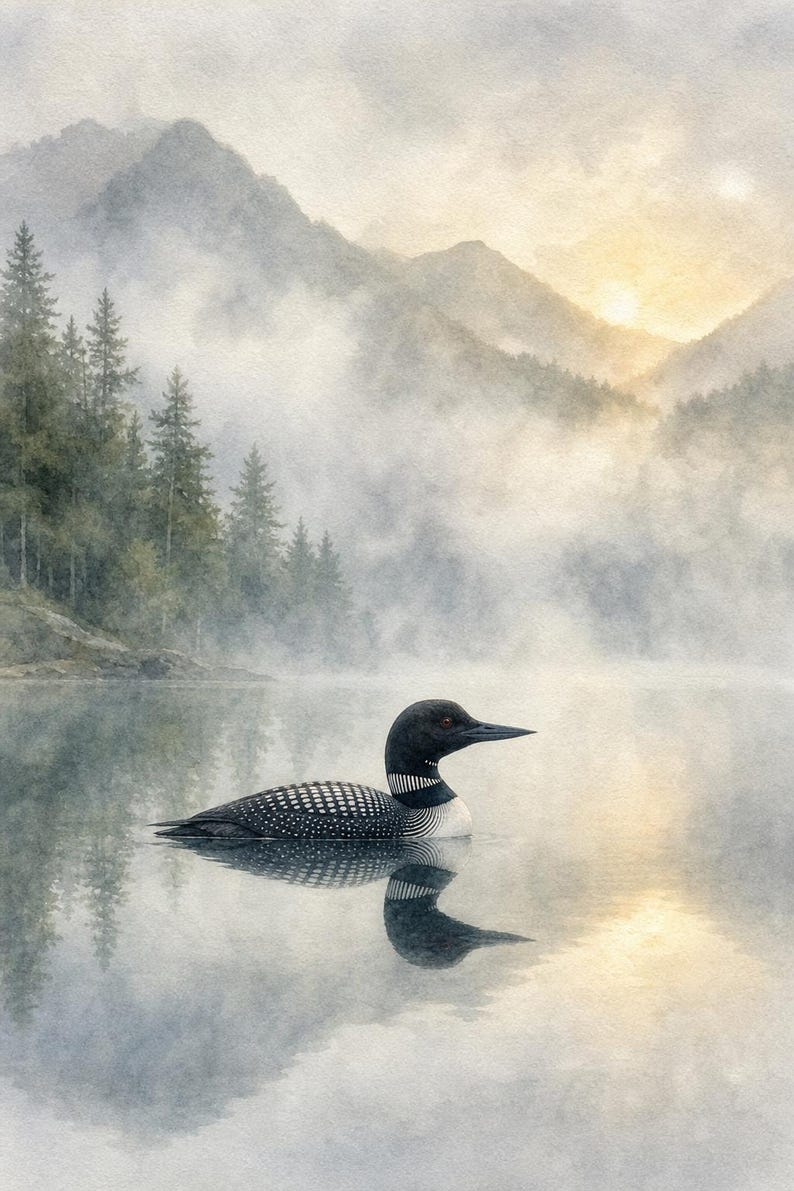 Adirondack Loon at Dawn | Wildlife Watercolor Art | Printable Wall Art | Lake Bird Print | Instant Download image 2
