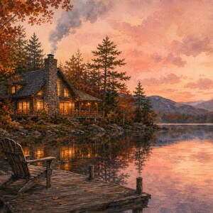 Adirondack Lake Cabin at Dusk Art | Cozy Cabin Printable | Fall Evening | Horizontal | Instant Download 画像 2