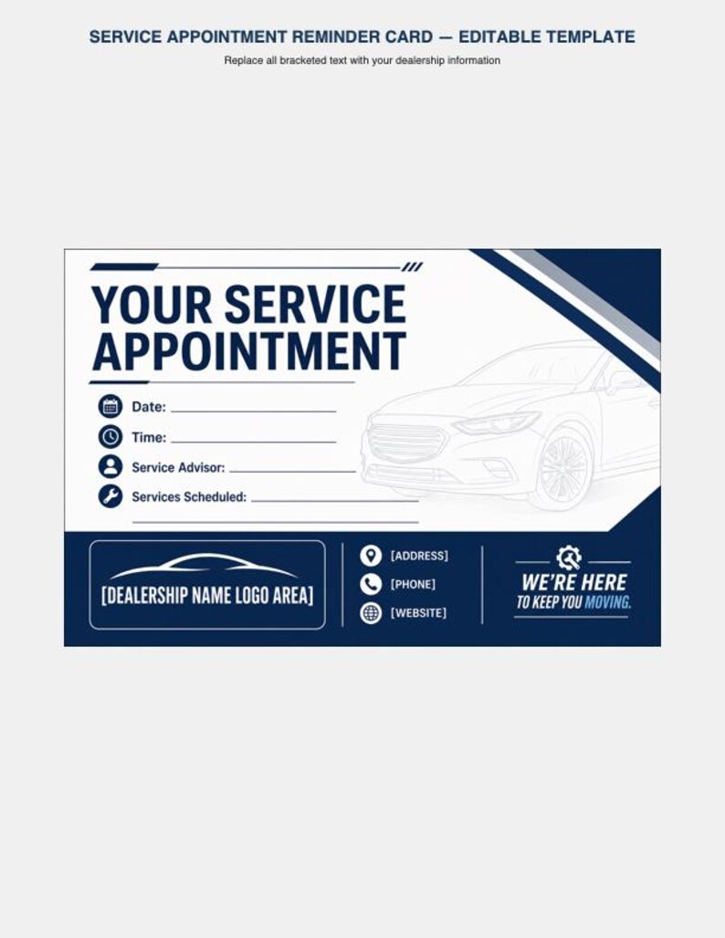 Automotive Service Appointment Reminder Card | Canva Template | Car Dealership Marketing | Printable Instant Download image 1