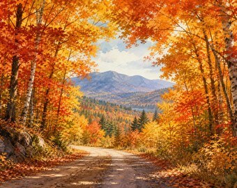 Adirondack Autumn Road Panorama | Fall Foliage Wide Art | Horizontal Print | Instant Download