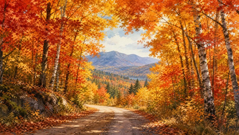 Adirondack Autumn Road Panorama | Fall Foliage Wide Art | Horizontal Print | Instant Download image 1