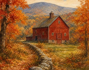 Vermont Autumn Barn Art Print | Fall Foliage Printable | Red Barn Maple Leaves | 11x14 Instant Download