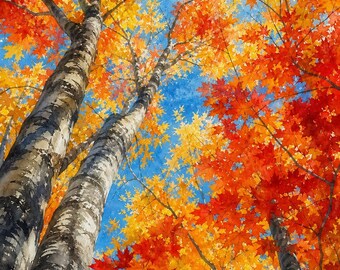Vermont Maple Canopy Autumn Art | Fall Foliage Printable | Looking Up Through Trees | Instant Download