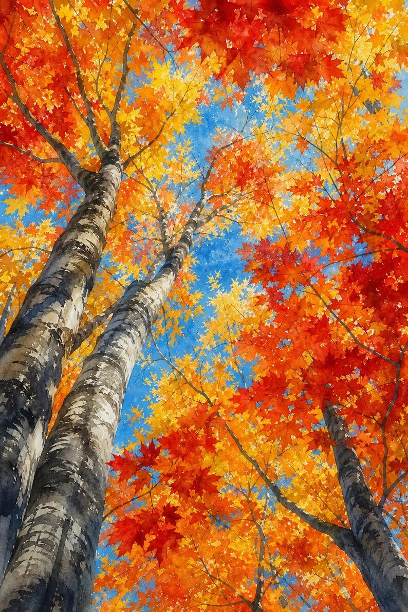 Vermont Maple Canopy Autumn Art | Fall Foliage Printable | Looking Up Through Trees | Instant Download imagen 1