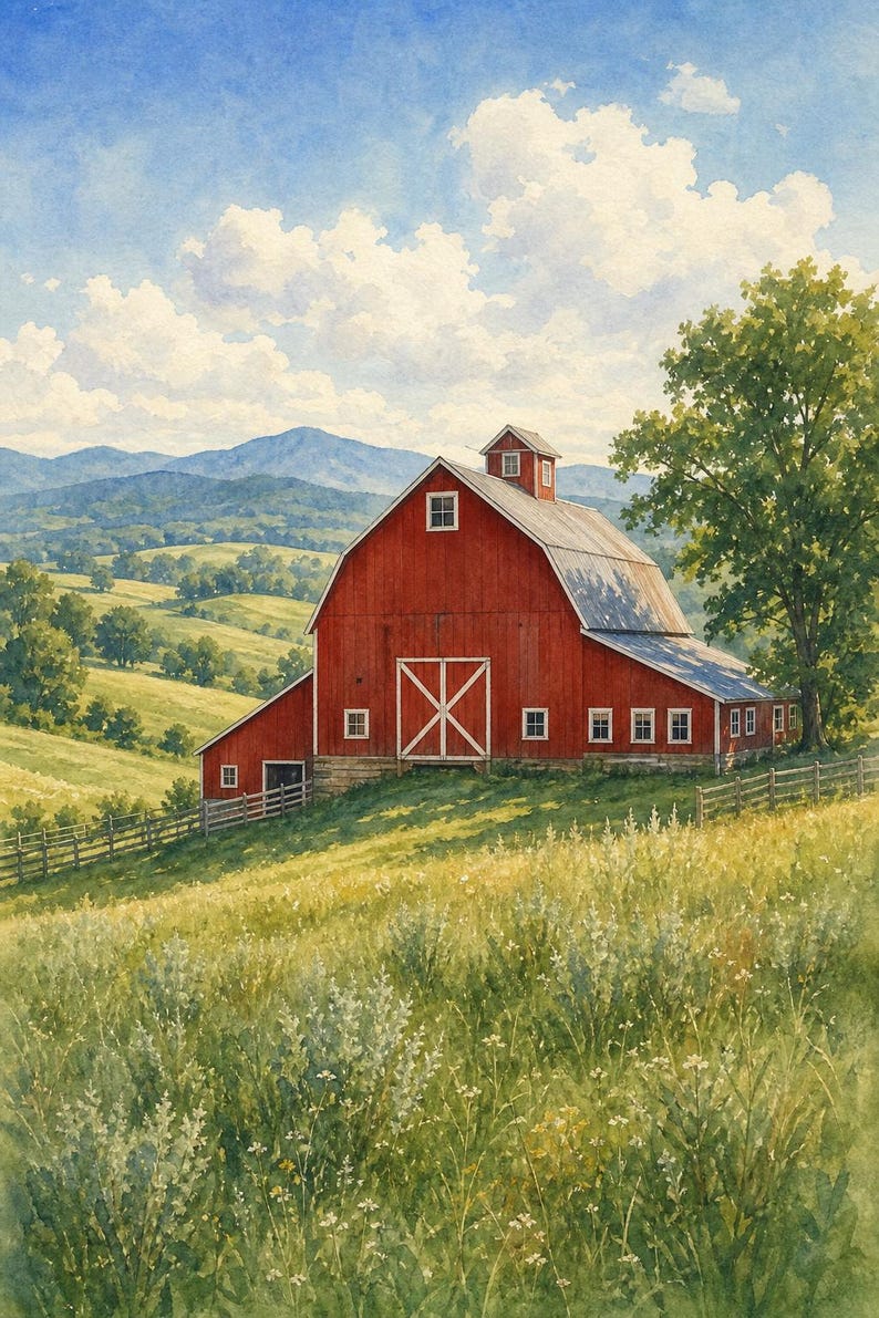 Vermont Summer Barn Printable Art | Farmhouse Wall Decor 11x14 Instant Download | New England Country Landscape image 2