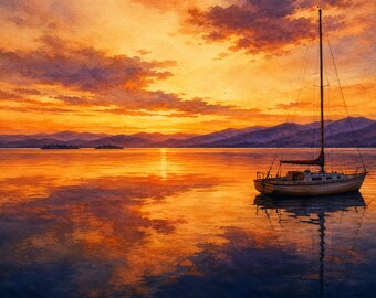 Lake Champlain Sunset Panorama | Printable Wall Art | Vermont Mountains | Wide Format | Instant Download