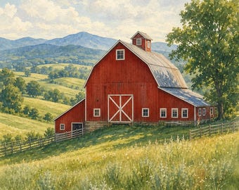 Vermont Summer Barn Printable Art | Farmhouse Wall Decor 11x14 Instant Download | New England Country Landscape