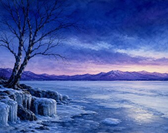 Lake Champlain Winter Blue Hour Art | Frozen Shoreline Printable | NY VT Border | Instant Download