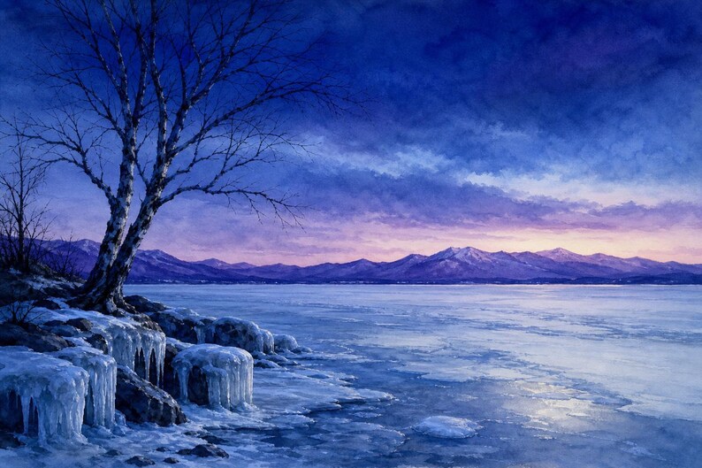 Lake Champlain Winter Blue Hour Art | Frozen Shoreline Printable | NY VT Border | Instant Download image 1