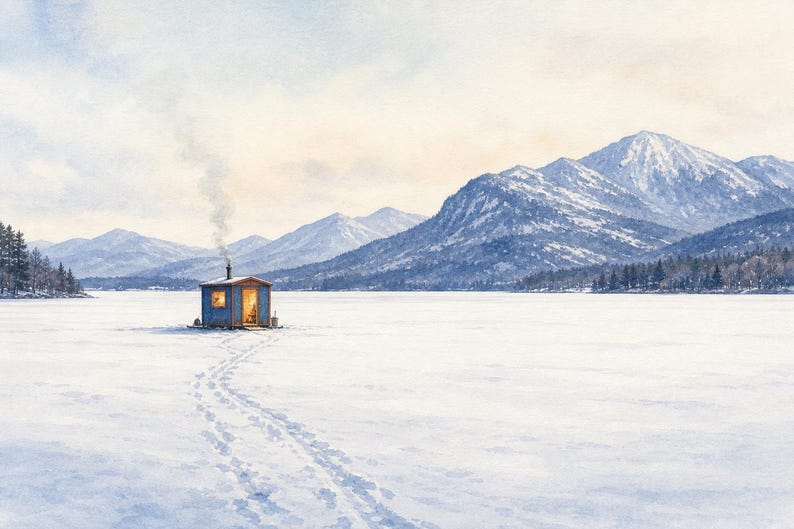 Adirondack Ice Fishing Art | Winter Lake Printable | Fishing Shanty Wall Art | Horizontal | Instant Download image 2