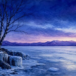 Lake Champlain Winter Blue Hour Art | Frozen Shoreline Printable | NY VT Border | Instant Download image 2