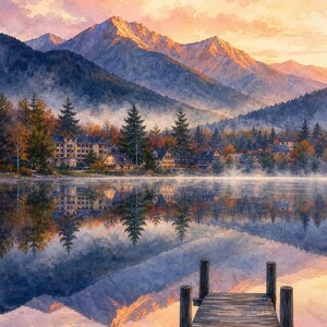 Lake Placid Mirror Lake Dawn Art | Adirondack Printable Wall Art | Olympic Village | Instant Download imagen 1