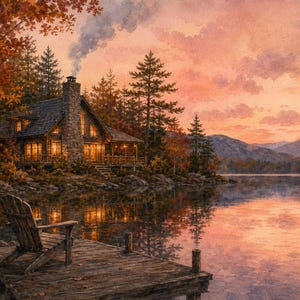 Adirondack Lake Cabin at Dusk Art | Cozy Cabin Printable | Fall Evening | Horizontal | Instant Download