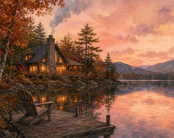 Adirondack Lake Cabin at Dusk Art | Cozy Cabin Printable | Fall Evening | Horizontal | Instant Download