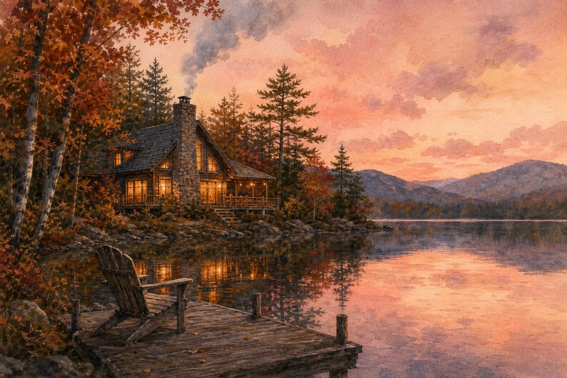 Adirondack Lake Cabin at Dusk Art | Cozy Cabin Printable | Fall Evening | Horizontal | Instant Download 画像 1
