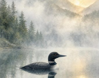 Adirondack Loon at Dawn | Wildlife Watercolor Art | Printable Wall Art | Lake Bird Print | Instant Download