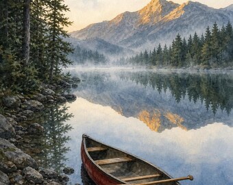 Adirondack Red Canoe Art | Lake Morning Printable | Watercolor Wall Art | Cabin Decor | Instant Download