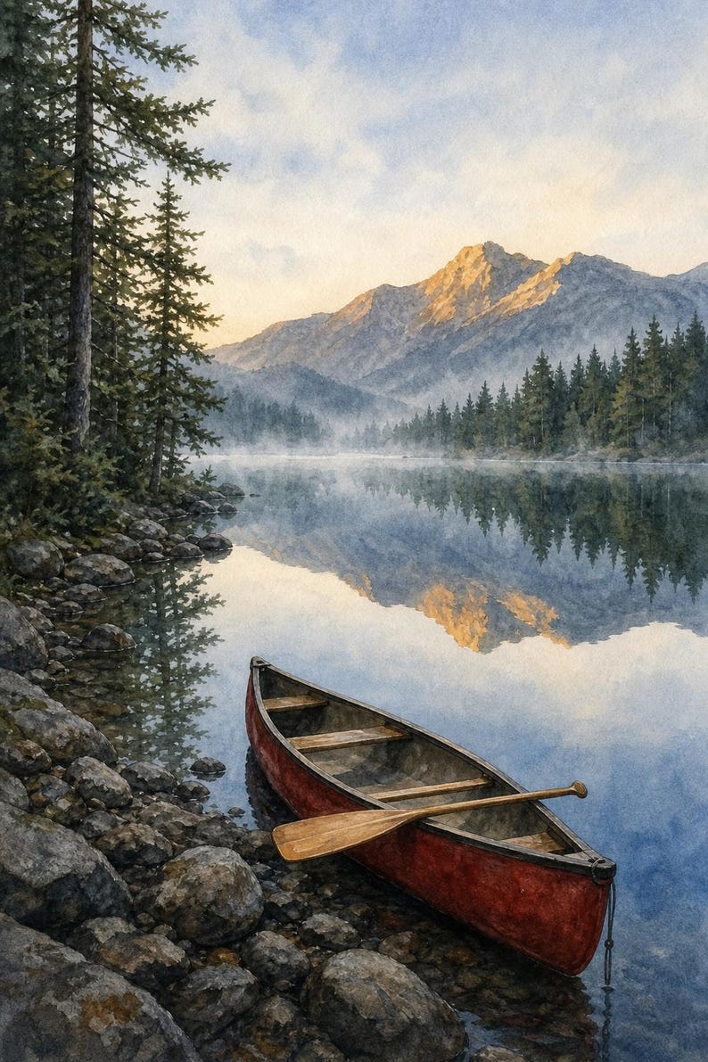 Adirondack Red Canoe Art | Lake Morning Printable | Watercolor Wall Art | Cabin Decor | Instant Download image 1