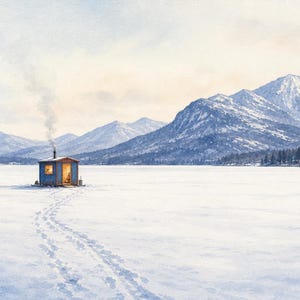 Adirondack Ice Fishing Art | Winter Lake Printable | Fishing Shanty Wall Art | Horizontal | Instant Download