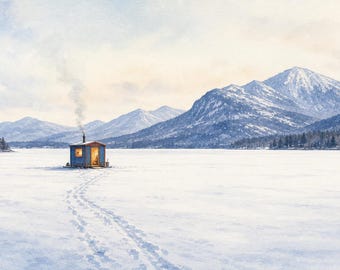 Adirondack Ice Fishing Art | Winter Lake Printable | Fishing Shanty Wall Art | Horizontal | Instant Download