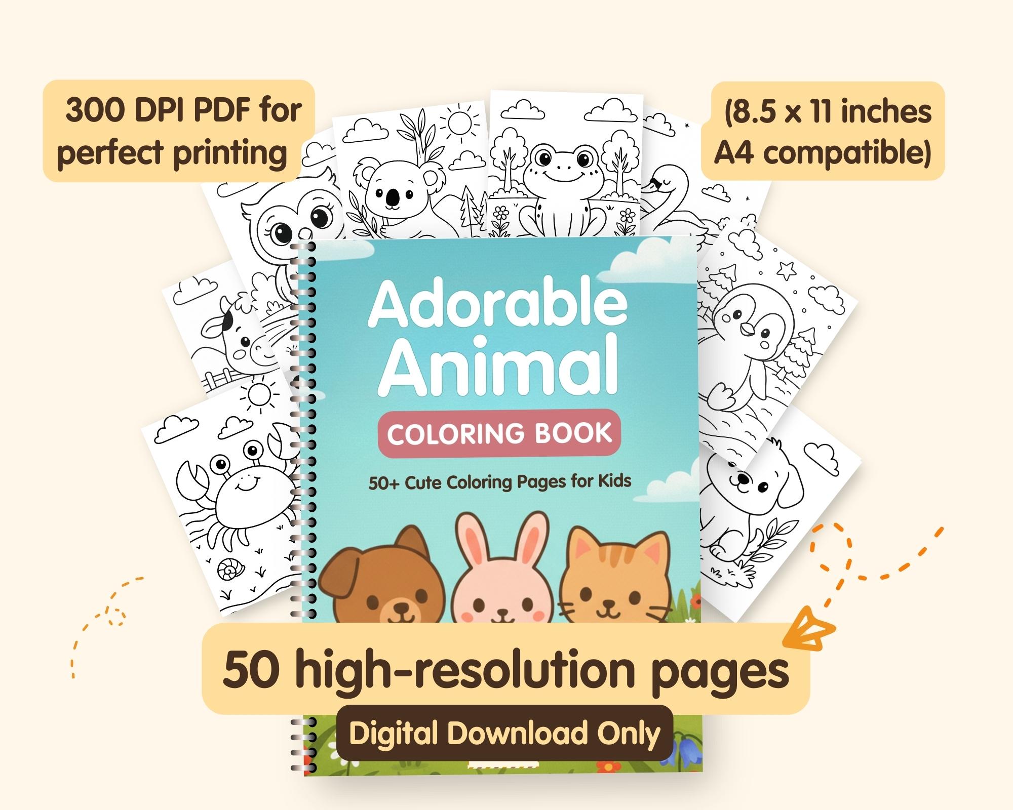Adorable Animal Coloring Book for Kids | 50 Kawaii Pages | Printable ...
