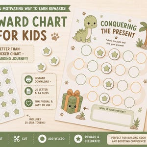 Pode incluir: Um gráfico de recompensas imprimível para crianças com tema de dinossauro. O gráfico inclui espaço para estrelas, um presente e o texto "Conquering the Present". Inclui 25 fichas de estrela. Download digital.