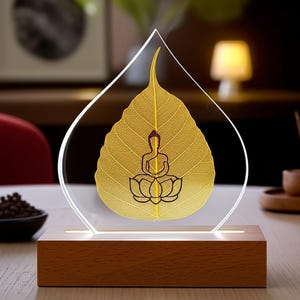 Buddha on Lotus Bodhi Leaf Desk Lamp, Zen Meditation Table Ornament, Mandala Yoga Decor, Spiritual Buddhist Gift, Calm Ambience Night Light