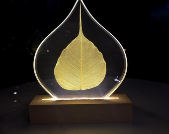 Lámpara de resina con forma de hoja de Bodhi auténtica, lámpara de mesilla de noche minimalista de estilo zen, pequeño regalo para meditación.