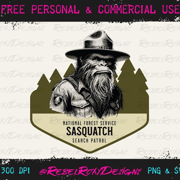 Patrulla de búsqueda de Sasquatch del Servicio Forestal Nacional - Guardabosques del parque Bigfoot - Una descarga digital con alta resolución a 300 dpi en archivos png y svg.