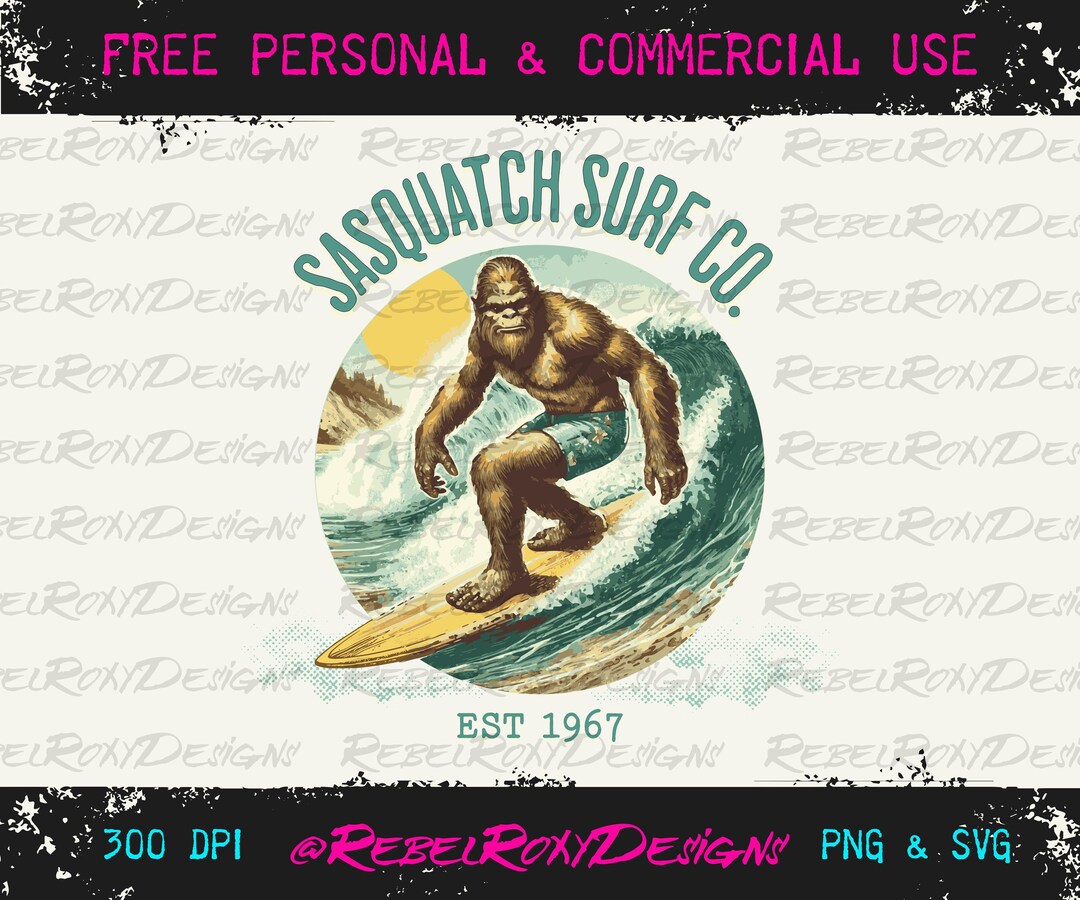 Sasquatch Surf Co - Bigfoot Catching a Wave in a Retro Watercolor Style ...