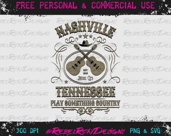 May include: A distressed graphic design featuring the words "Nashville Tennessee" with crossed guitars, a cowboy hat, and the phrase "Play Something Country." The design includes the text "Free Personal & Commercial Use."