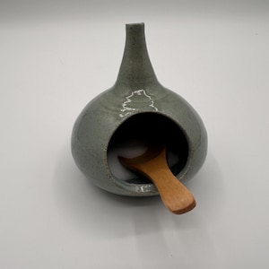 Handmade Ceramic Salt Cellar & Shaker – Rustic Stoneware Kitchen Storage, Modern Minimalist Spice Jar with Spoon