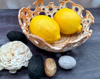Handmade Pierced Ceramic Bowl | Sculptural Stoneware Fruit Bowl | Organic Modern Centerpiece
