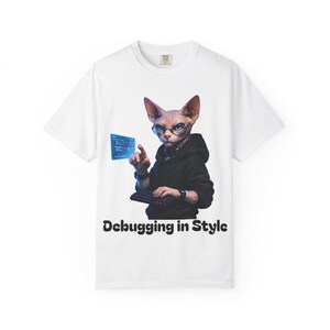 Sphynx Hacker Cat Debugging in Style T-Shirt | Tech Cat Tee
