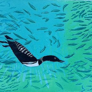 May include: A block print illustration featuring a black and white loon swimming through a vibrant turquoise and green underwater scene filled with a large school of small fish swimming in the same direction as the bird.