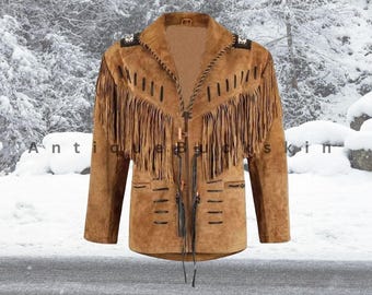 Men's Tan Brown Suede Leather Western Jacket with Fringe & Beads - Handmade Native Jacket in Vintage Style Rockabilly jacket