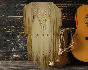 Western Beaded Powwow Regalia Beaded Maxi handmade Buckskin Leather Fringed Wedding Dress