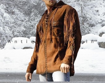 Men American Native Western Cowboy Suede Leather Staining Fringes Shirt Jacke