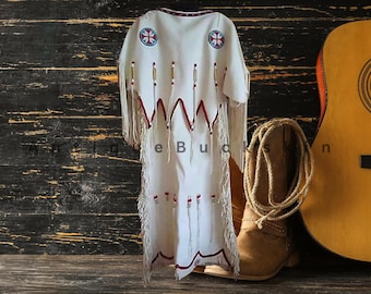 Powwow Regalia Dress in White-Beige Leather, Fringed Beaded Maxi with Satin Lining