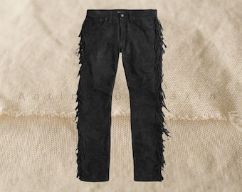 Mens Native Handmade American Buckskin Suede Fringes Leather Mountain Man Indian Hippy Black Pant
