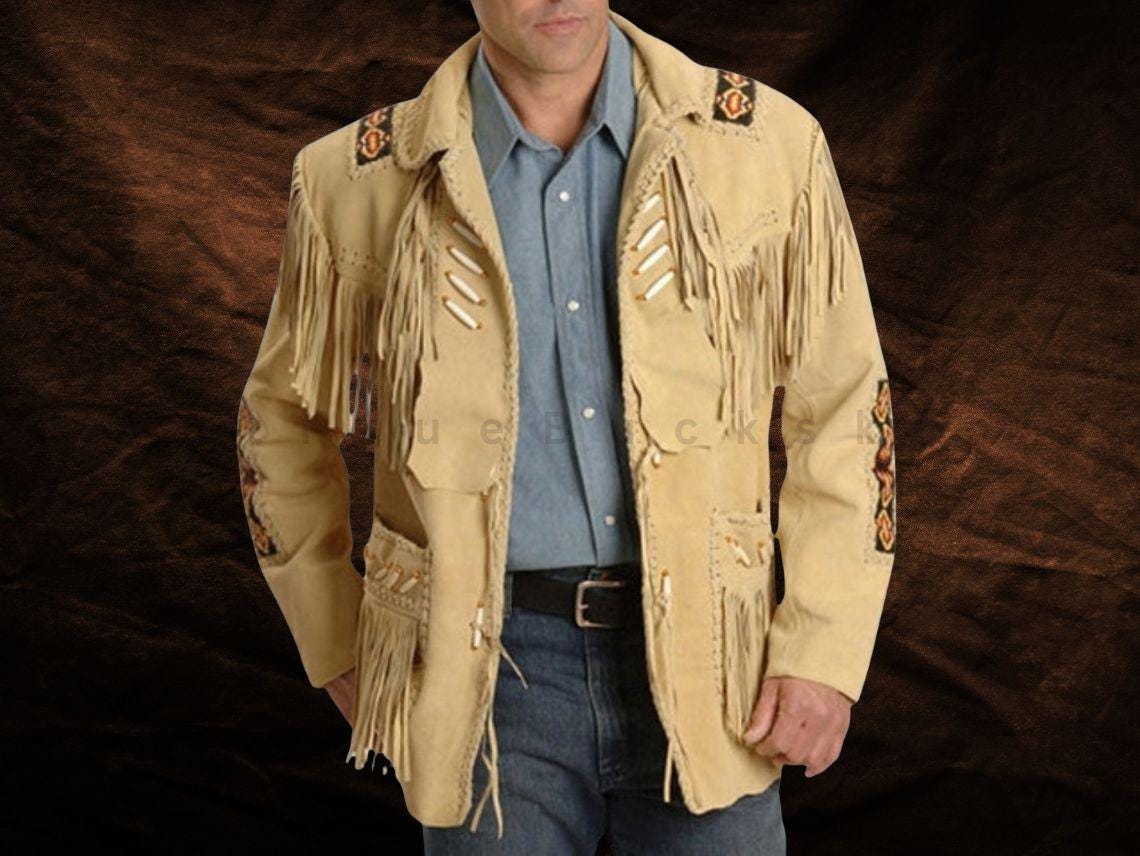 Classyak Gilet Da Uomo Western In Pelle Scamosciata Con Frange E Perline