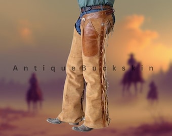 Ręcznie robione spodnie ze skóry jelenia w stylu kowbojskim Indian Ameryki Północnej z zamszu rodeo chap górskie męskie western chap prezenty dla niego