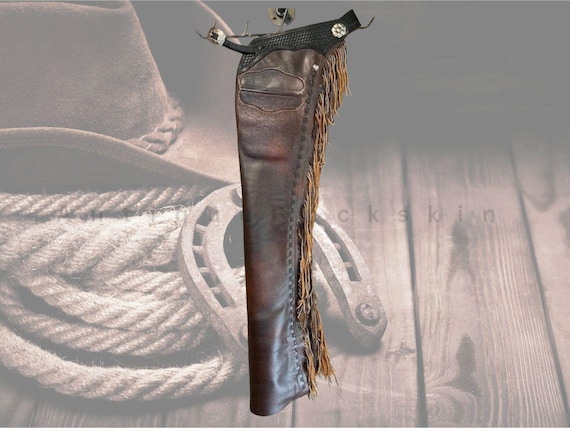 Native American Handmade Western Distress Brown Leather Chap  - Rodeo Cowboy Horse Riding Fringed Unisex Pant Gift for him