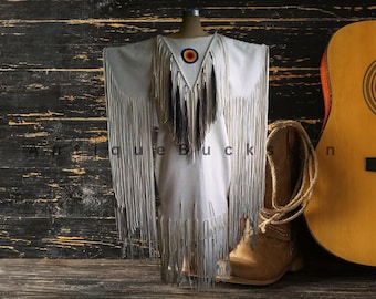 Handmade Buckskin Leather Fringed Dress: Beaded Western Powwow Regalia