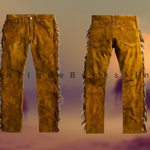 Pantalón indio hippie para hombre, hecho a mano, de piel de ante americana con flecos de cuero.