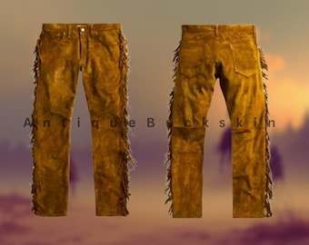 Mens Native Handmade American Buckskin Suede Fringes Leather Mountain Man Indian Hippy Pant
